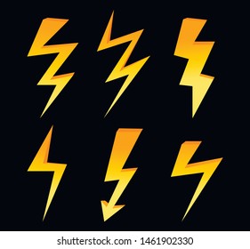 Set of icons representing lightning bolt, lightning strike or thunderstorm. Suitable for voltage, electrical discharge. Vector lightning