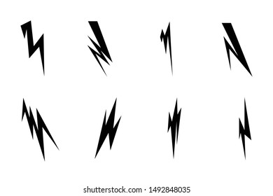 Set of icons representing lightning bolt, lightning strike or thunderstorm. Vector Illustration