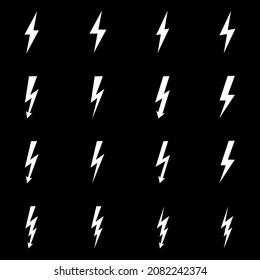 Set of icons representing lightning bolt, lightning strike or thunderstorm. Suitable for voltage, electricity and power signs. Vector Illustration