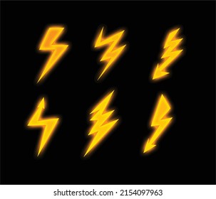 Set of icons representing lightning bolt, lightning strike or thunderstorm. Suitable for voltage, electrical discharge. Vector lightning