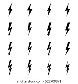 Set of icons representing lightning bolt, lightning strike or thunderstorm. Suitable for voltage, electricity and power signs. Vector Illustration