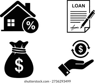 A set of icons representing loan, finance, and home concepts in a simple black and white design.