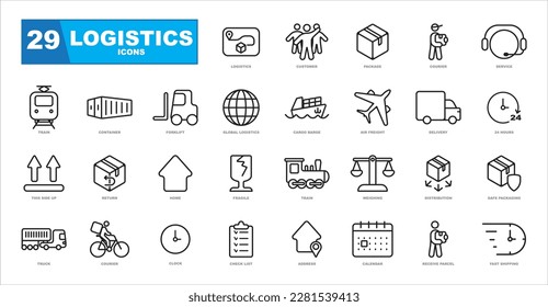 Set of icons representing logistics, shipping, customer service, returns and more.