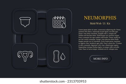 Set of icons representing menstruation and feminine hygiene. Empowering, menstrual cycle, women's health. Neomorphism style. Vector line icon