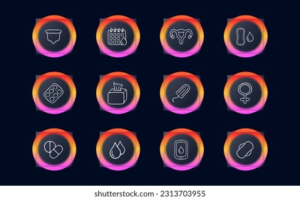 Set of icons representing menstruation and feminine hygiene. Empowering, menstrual cycle, women's health. Neomorphism style. Vector line icon