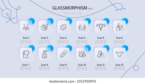 Set of icons representing menstruation and feminine hygiene. Empowering, menstrual cycle, women's health. Glassmorphism style. Vector line icon