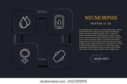 Set of icons representing menstruation and feminine hygiene. Empowering, menstrual cycle, women's health. Neomorphism style. Vector line icon