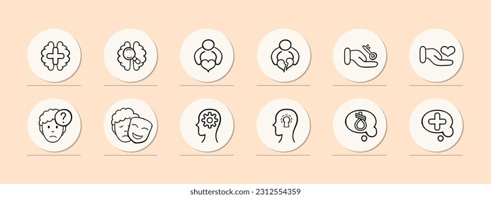 Set von Symbolen, die mentale Unterstützung und Unterstützung darstellen. Empathie, Zuhören, Unterstützung, Symbole, Set, Psychologie, Hilfe, Kommunikation. Pastellfarbener Hintergrund. Vektorliniensymbol