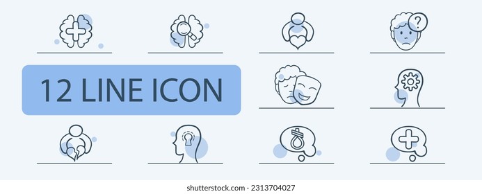 Set of icons representing mental support and assistance. Empathy, listening, support, icons, set, psychology, help, communication. Pastel color background. Vector 12 line icon