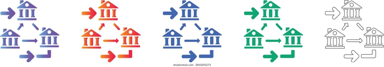 A set of icons representing a network of bank branches connected by directional arrows. This design is perfect for illustrating banking architecture, branch management, and financial network systems.