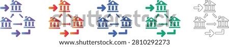 A set of icons representing a network of bank branches connected by directional arrows. This design is perfect for illustrating banking architecture, branch management, and financial network systems.