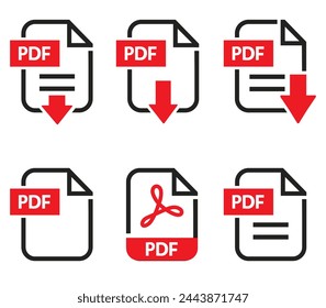 Set of icons representing the PDF file format. Symbols for downloading PDF files. Formats for text, images, vector images, videos, and interactive forms - vector illustration.