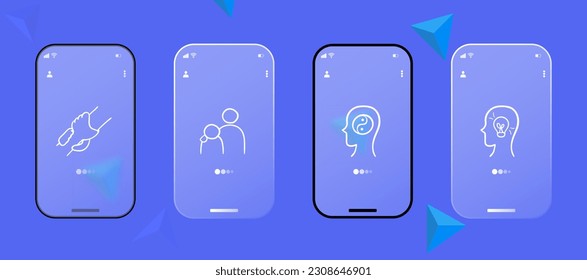 Set of icons representing personal development. Growth, self-improvement, learning. Knowledge concept. Glassmorphism. UI phone app screen. Vector line icon for Business