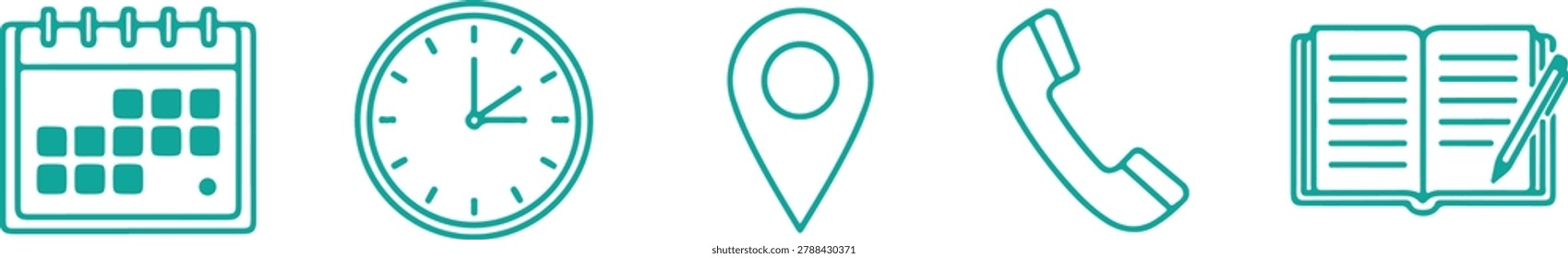 Set of icons representing planning, time, location, communication, and organization on a white background