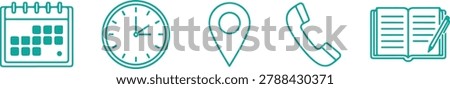 Set of icons representing planning, time, location, communication, and organization on a white background
