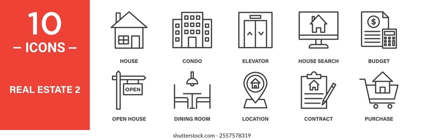 A set of icons representing real estate concepts, featuring house, condo, elevator, property search, budget, open house, dining room, location, contract, and purchase.