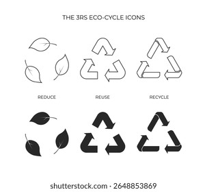 Um conjunto de ícones que representam Reduzir (folhas), Reutilizar (setas) e Reciclar (símbolo) nos designs de contorno e preto sólido.