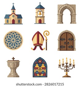 A set of icons representing religious architecture and symbols including a church, bell tower, archway, rose window, bishop's hat, doors, baptismal font, stained glass, and candelabra.