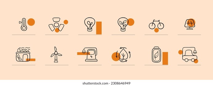 Conjunto de iconos que representan energía segura. Seguridad, segura, protegida, fiable, estable, sin riesgos. Concepto energético. Fondo de color Pastel. Icono de línea de vector para empresas
