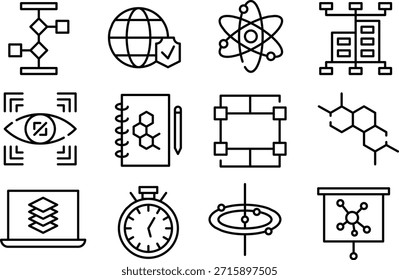 Conjunto de iconos que representan la ciencia, la tecnología y la investigación aislados sobre fondo transparente