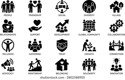Set of icons representing social unity and teamwork. People connecting in a global community, showing collaboration, growth, relationships, friendship, support, village, and connection. Diversity and inclusion are highlighted.