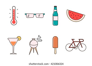 Set of icons representing summer, travel, sea, beaches and relax isolated on white background. Modern, thin lines style.