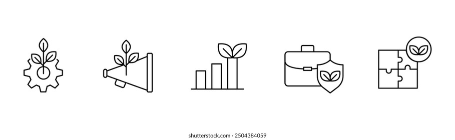 Un conjunto de iconos que representan prácticas comerciales sostenibles, centrándose en operaciones ecológicas, marketing ecológico, crecimiento y soluciones comerciales seguras.