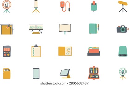 Set of icons representing tools and devices used in video and audio production and editing processes.