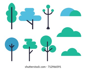 Set of icons representing trees two of which are of blue color, and 3 pictures of bushes vector illustration isolated on white background