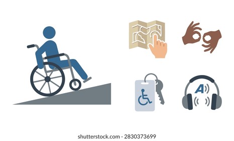 A set of icons representing various accessibility features and services for individuals with disabilities, including wheelchair ramps, sign language, and audio descriptions.
