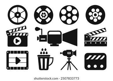 Un conjunto de iconos que representan varios aspectos de la producción cinematográfica, incluidas las cámaras, las tablillas y los carretes de película.