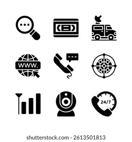 A set of icons representing various aspects of communication and information technology
