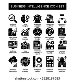 Set of icons representing various business intelligence and analytics concepts