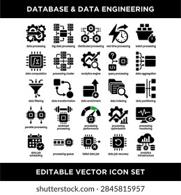 Set of icons representing various database and data engineering processes visually.