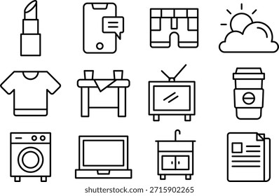 Conjunto de iconos que representan varios elementos cotidianos aislados sobre fondo transparente