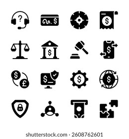 A set of icons representing various financial and business concepts, including customer service