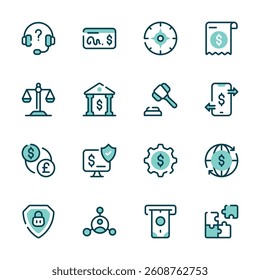 A set of icons representing various financial and business concepts, including customer service