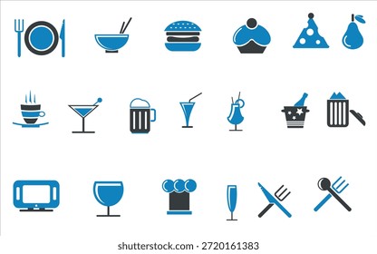 A set of icons representing various food and drink items, utensils, and equipment