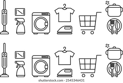 Set of icons representing various household chores such as cleaning and laundry