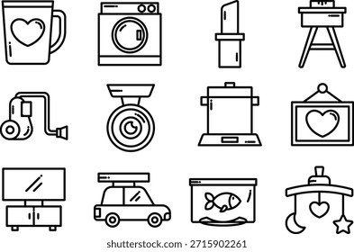 Set of icons representing various household items isolated on transparent background