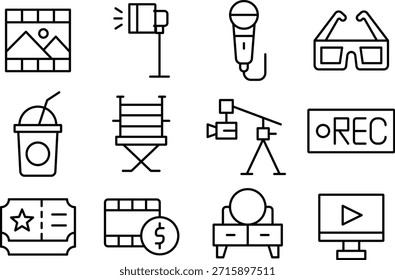 Conjunto de iconos que representan varios medios de comunicación y Elementos de entretenimiento aislados sobre fondo transparente