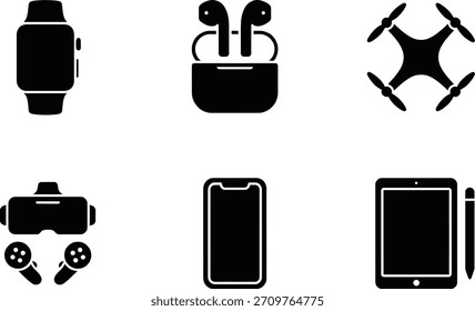 Un conjunto de iconos que representan varios dispositivos electrónicos modernos, incluyendo un reloj inteligente, auriculares inalámbricos, un dron, auriculares de realidad virtual, teléfono inteligente y tableta.