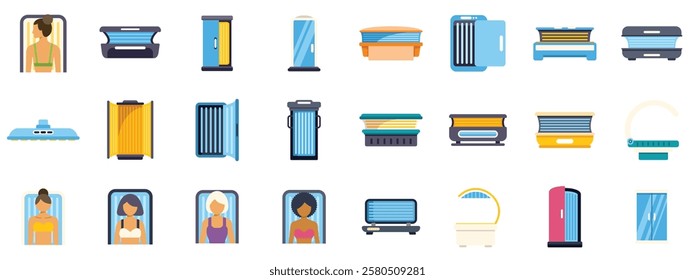 Set of icons representing various solarium equipment and women undergoing tanning sessions