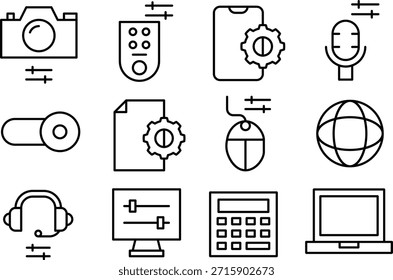 Set of icons representing various technology and business tools isolated on transparent background