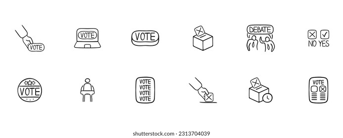 Conjunto de iconos que representan la votación y las elecciones. Democracia, voto, íconos, conjunto, elección, voto. Estilo neomorfista. Icono de línea de vector