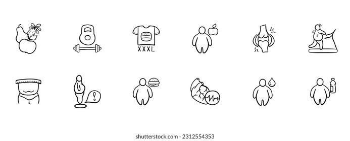 Set of icons representing weight loss and fitness journey. Healthy, active, weight loss, fitness. Vector black set icon