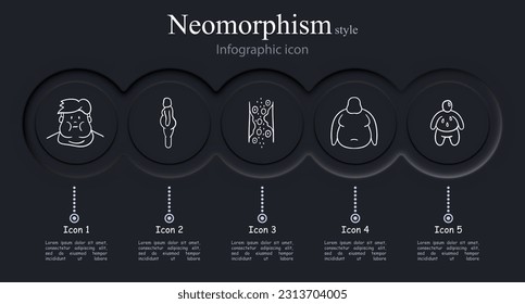 Set of icons representing weight loss and fitness journey. Healthy, active, weight loss, fitness. Neomorphism style. Vector line icon