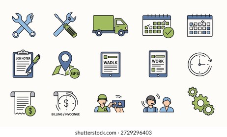 Conjunto de ícones que representam o trabalho e a gestão