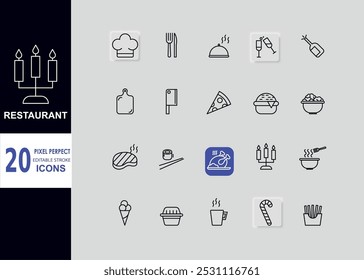 Set of icons for restaurant. Pixel Perfect. Editable stroke. Vector illustration