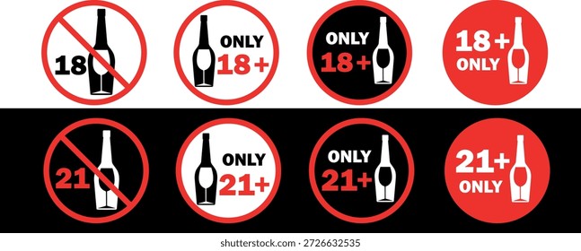Un conjunto de iconos que restringen el consumo de alcohol por menores de edad, incluyendo un letrero de prohibición redondo, advertencias solo para mayores de 18 años y solo para mayores de 21 años. Diseño plano de Vector de una copa contra una botella de vino, para bares, clubes y fiestas